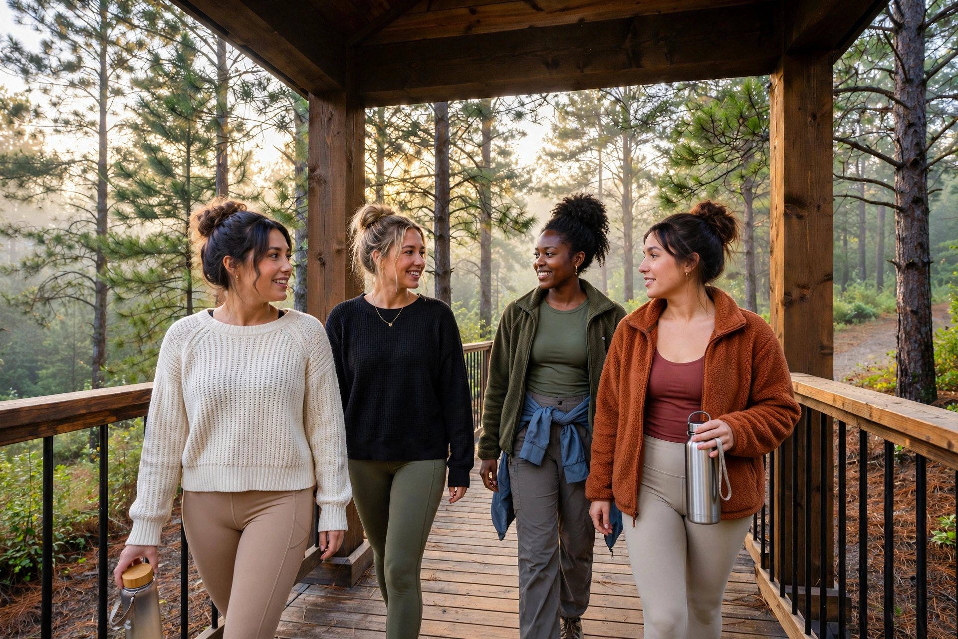 Women walking the wooden bridge in the pines behind the cabin