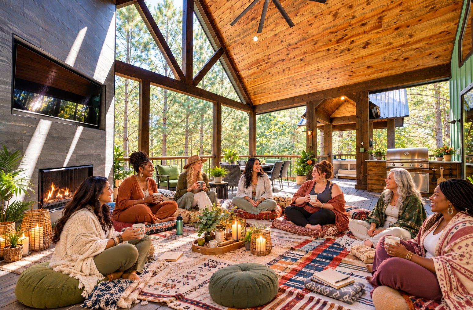 Women gathered in a circle on the porch at Emerald Vista Cabin