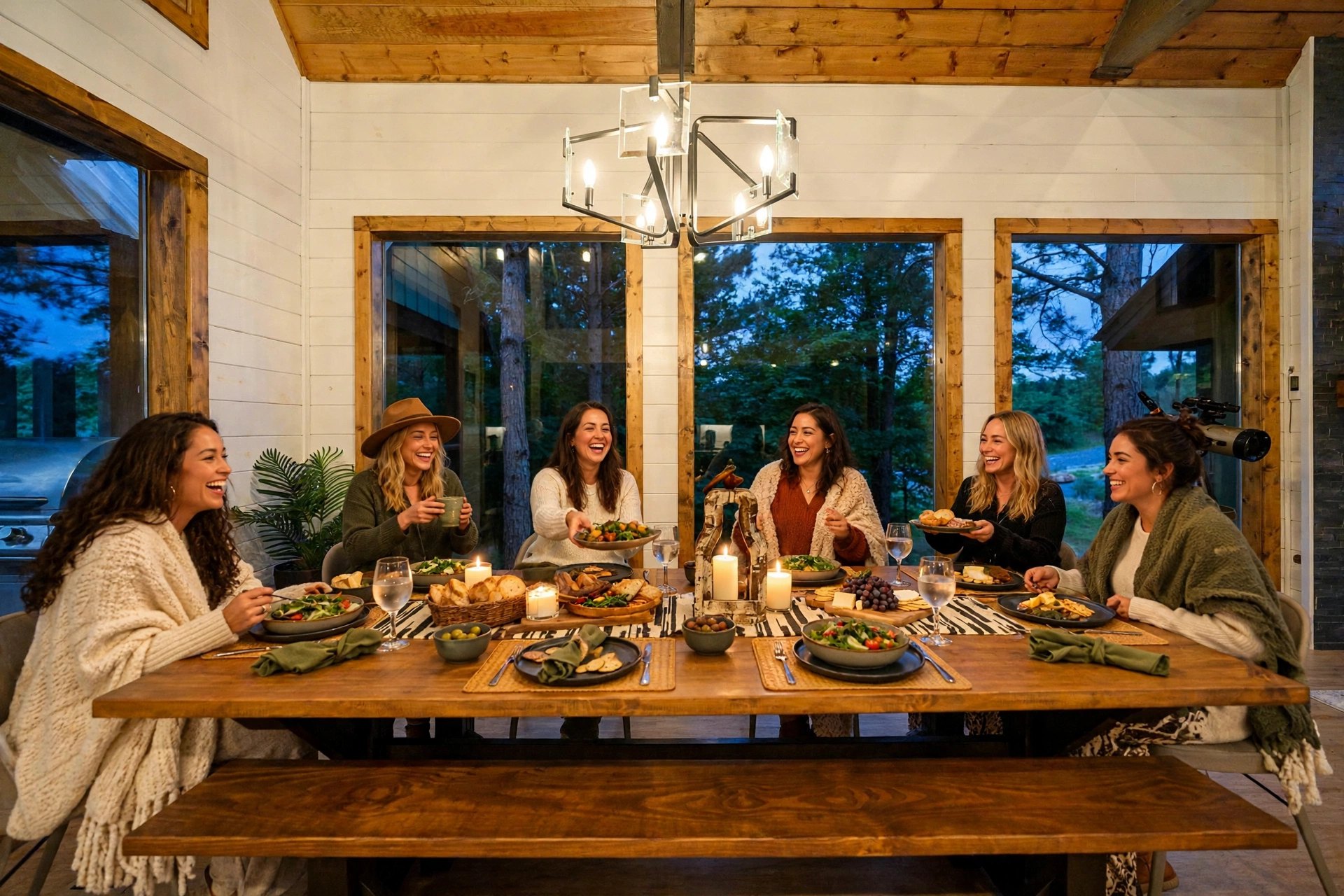 Women sharing dinner at the cabin dining table