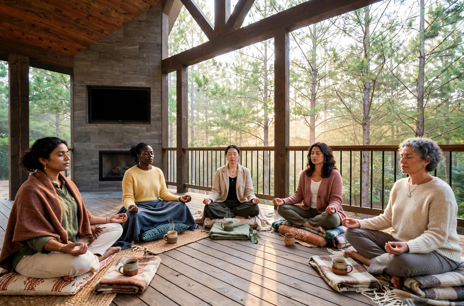 Women in a morning meditation circle at the cabin